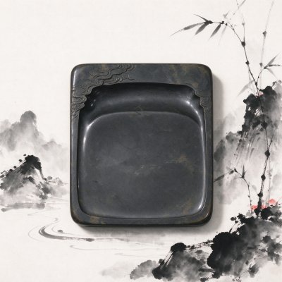 中式水墨风方形云纹石砚 · 文房四宝、石砚、云纹雕刻、中式水墨背景、书法绘画用具