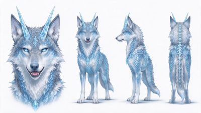 冰晶狼设定多视图 · 冰晶狼、奇幻生物、角色设定、冰属性、三视图