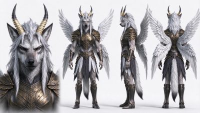 奇幻四翼鎏金角狼族设定稿 · 奇幻兽人、狼族、四翼天使、铠甲战士、角色设定稿