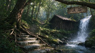 古木掩映下的溪谷山林秘境 · 溪谷山林、石板石阶、叠瀑溪流、古木盘根、丁达尔光