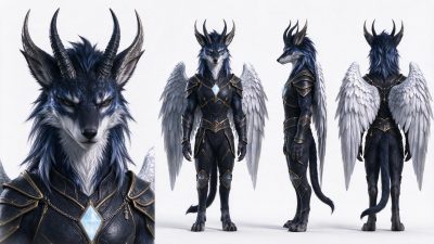 幻想类人狼角色四视图 · 类人狼、奇幻角色、盔甲、羽翼、多视图设定
