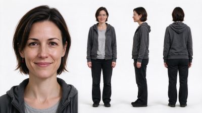 短发女性角色多视角展示图 · 短发女性、多视角角色展示、休闲穿搭、摄影棚人像、灰调休闲风