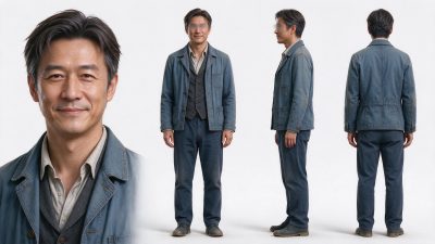 中年男性四视角角色设定图 · 中年男性、角色设定、写实人像、四视角展示、工装穿搭