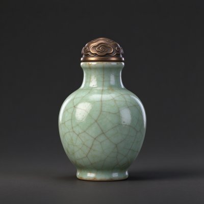 青釉开片古瓷鼻烟壶静物展示 · 鼻烟壶、青釉开片、古铜金属盖、中式卷云纹、古董收藏