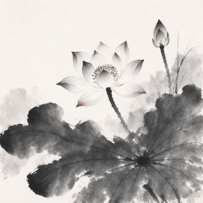 水墨荷塘荷花 · 水墨国风、荷花、荷塘景致、中式写意画、米白生宣底色
