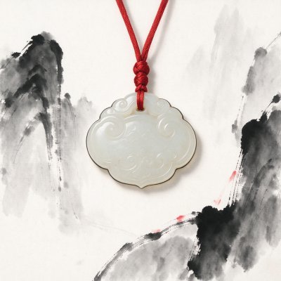 和田玉如意云纹平安锁吊坠 · 和田玉、如意云纹、平安锁吊坠、中式水墨、国风配饰