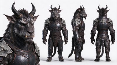 奇幻类人羊怪物战士多角度角色设计稿 · 奇幻怪物、类人生物、战士、金属护甲、角色设计