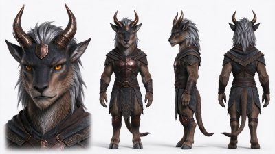 奇幻羚羊人角色多视图设定图 · 奇幻生物、3D角色设定、羚羊人、荒野战士、多视图立绘