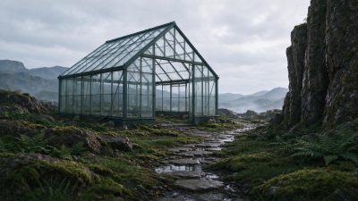 荒野山谷中的空玻璃温室 · 荒野温室、山谷场景、阴天摄影、玻璃建筑、苔藓岩石