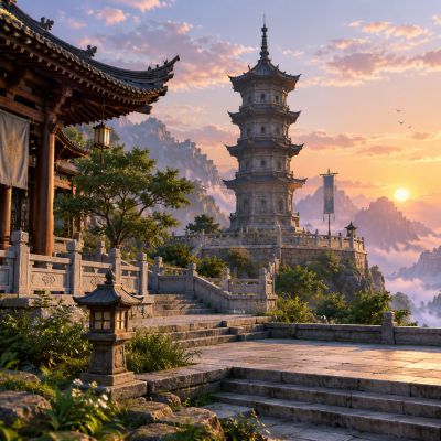 云海仙山古寺落日图