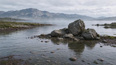 薄雾笼罩的湖畔山岩景观 · 自然风光、湖岸景观、花岗岩巨石、薄雾山脉、阴天漫射光