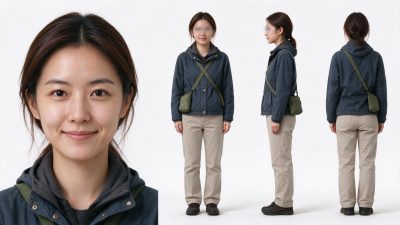 户外休闲女性角色多视角设定图 · 户外风穿搭、女性角色、多视角设定、棚拍人像、休闲穿搭