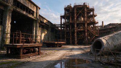 废弃重工业厂区 · 废弃工厂、重工业、锈蚀钢架、破败厂房、混凝土管道
