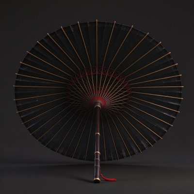 暗调东方风格黑色油纸伞摄影 · 东方传统工艺、油纸伞、暗调静物、影棚拍摄、竹制结构