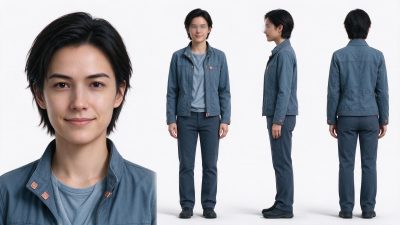 中性短发女性多视图角色参考图 · 写实3D、女性角色、短发、工装穿搭、三视图