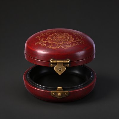 中式描金牡丹红漆圆盒 · 中式传统器物、描金漆器、做旧复古、首饰收纳盒、影棚产品展示