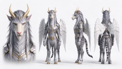 奇幻四足羊头鹰翼战甲幻想生物四视图 · 幻想生物、四视图、羊头兽人、金属战甲、白色羽翼