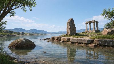 海岸边的古遗迹风光 · 湖岸遗迹、古希腊石柱、自然景观、晴朗白日、写实摄影