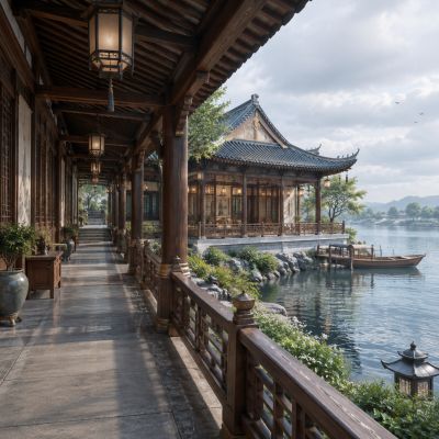 湖畔中式木构长廊与临水楼阁