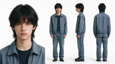 青年男性灰蓝色套装形象设定 · 青年男性、灰蓝色套装、狼尾短发、多视角展示、影棚写真