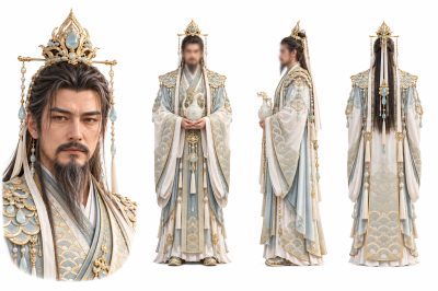 金冠玉袍仙风男子角色三视图设定板 · 角色设定板、三视图、古风仙侠、写实CG、男性角色