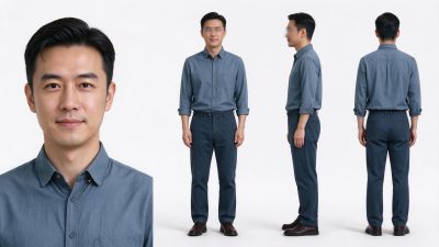 东亚中年男性商务休闲装四视角造型图 · 东亚男性、商务休闲造型、多视角、棚拍人像、中年男性