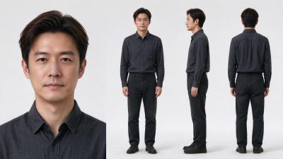35岁东亚男性角色三视图+近景人像参考图 · 东亚男性、角色设定、三视图、影棚人像、写实风