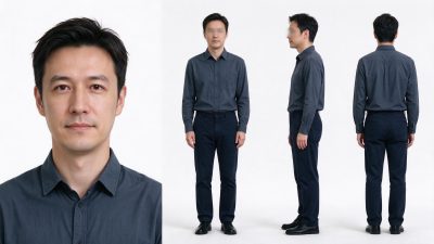 35-40岁东亚男性角色三视图设定图（带面部特写） · 写实摄影、东亚男性、成年男性、角色三视图、人像设定图
