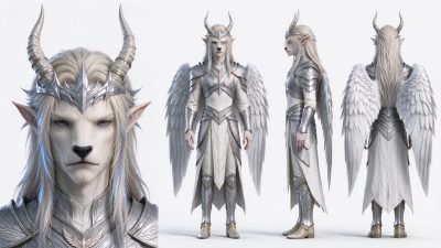 奇幻银甲角翼人角色三视图 · 奇幻角色、银甲、羽翼、弯角、三视图