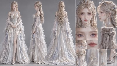 水晶王冠贵族礼服女性角色设定板 · 欧式礼服、王冠配饰、女性角色设定板、全身三视图、细节特写集