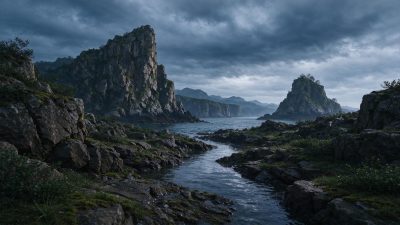 阴云下的岩石海岸景观 · 海岸风光、岩石地貌、阴云天空、自然景观、写实摄影