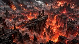 熔岩地狱峡谷与黑暗魔城史诗全景 · 黑暗奇幻、地狱、熔岩峡谷、魔族城堡、陨石坠落