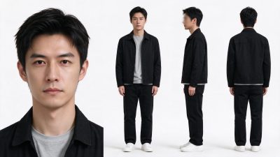 年轻东亚男性多视角形象定妆图 · 人物定妆、男性穿搭、全身三视图、年轻东亚男性、简约工装风