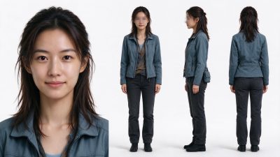 东亚年轻女性角色多角度造型参考图 · 角色设定图、女性肖像、多角度展示、写实人像、日常休闲穿搭