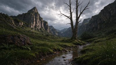 阴云笼罩的山间峡谷荒野景观 · 自然风光、峡谷、枯树、溪流、阴云天气