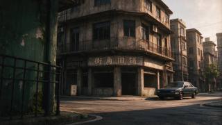 黄昏老城街角旧商铺 · 老街街角、旧建筑、黄昏暖光、老式轿车、三维渲染