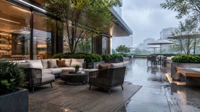 雨中的现代露台休闲区