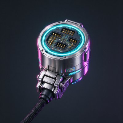 赛博朋克工业金属接口装置 · 赛博朋克、工业金属、电子接口、霓虹发光、硬科幻