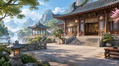 云雾山间古寺庭院