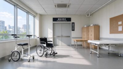 医院康复训练区日间走廊场景 · 医院走廊、康复训练区、医疗空间、日间自然光、轮椅