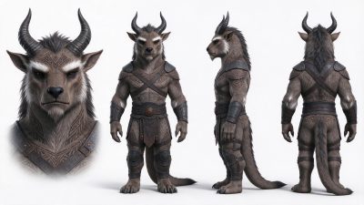 奇幻牛角兽人角色设定稿 · 奇幻角色、兽人、牛角战士、3D建模、角色设定