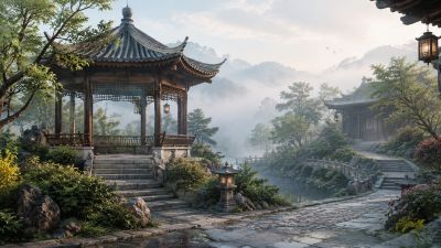 晨雾中的中式古典园林亭台