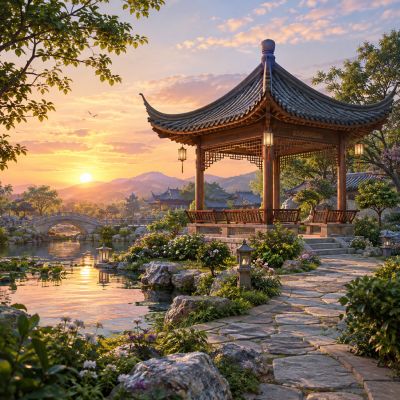 黄昏中式园林亭台水景