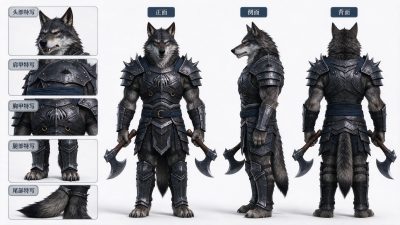重甲狼人战士角色三视图 · 狼人战士、重甲角色、奇幻设定、三视图、战斧武器