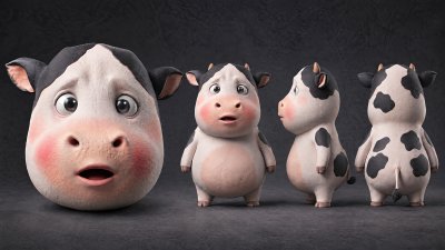 黏土质感卡通奶牛角色设定展示图 · 卡通奶牛、角色设定表、黏土材质、Q版萌系、多视角展示