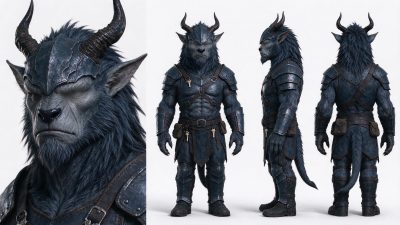 奇幻蓝毛牛头人战士四视图角色设定图 · 奇幻生物、牛头人、角色设定、3D渲染、铠甲战士