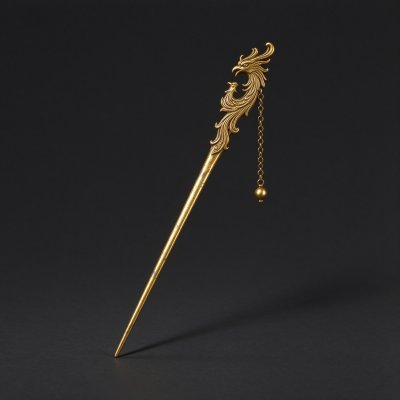 中式复古黄铜凤首流苏发簪静物展示 · 中式古风、发簪、黄铜材质、凤纹浮雕、流苏坠饰