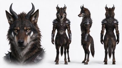 四视图带角狼形人型生物设定 · 人狼、四视图设定、奇幻生物、兽人、幻想角色