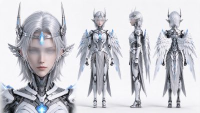 机械天使女性角色三视图 · 科幻、机械天使、女性角色、三视图、3D渲染