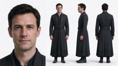 写实男性科幻角色四视图 · 角色设定、写实人物、科幻服饰、男性角色、四视图